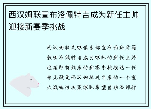 西汉姆联宣布洛佩特吉成为新任主帅迎接新赛季挑战