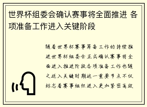 世界杯组委会确认赛事将全面推进 各项准备工作进入关键阶段